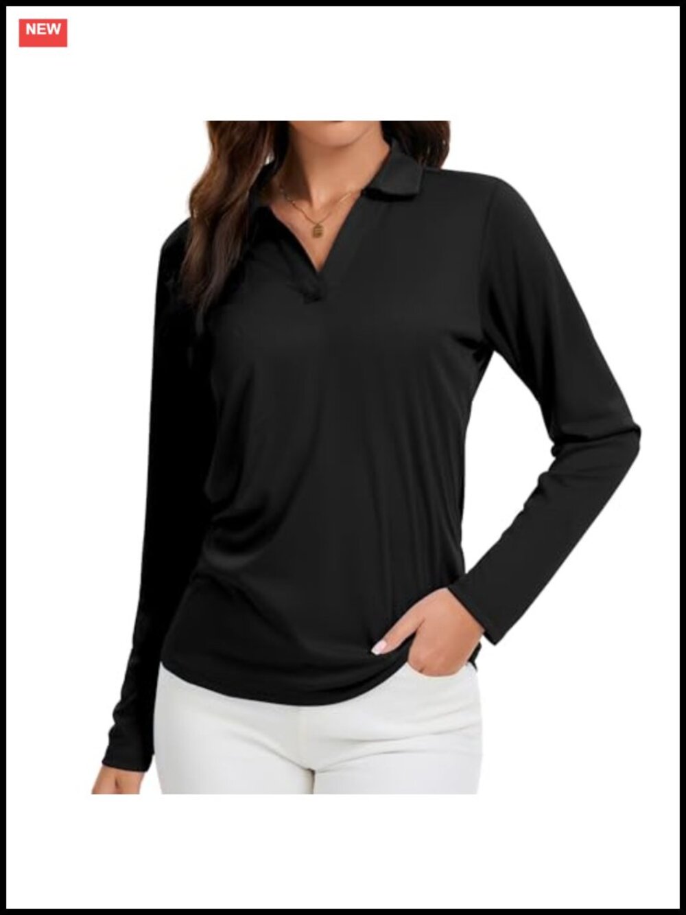 Women's V-Neck Long Sleeve Polo Shirts Loose Business Casual Active Tee UPF 50+
